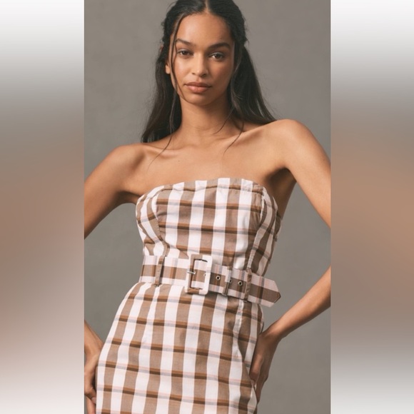 NWT Anthropologie size XL Strapless Brown & White Gingham Belted Midi Dress - Picture 2 of 12